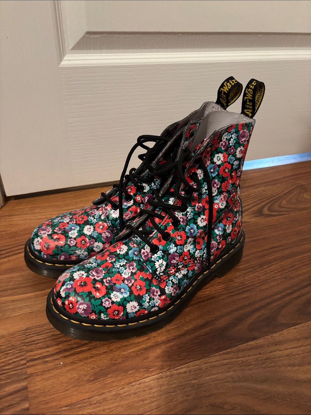 Dr. Martens Floral Lace-Up Boots in Red, Teal & Black US 8